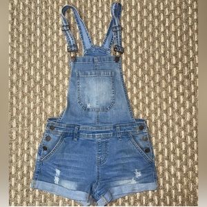 Encore Junior Blue Cotton Blend Light Wash Distressed Denim Overall Short Size 1
